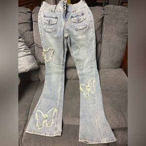 Women's Hot Too Light Blue Distressed Bell Bottom Jeans with Butterfly’s